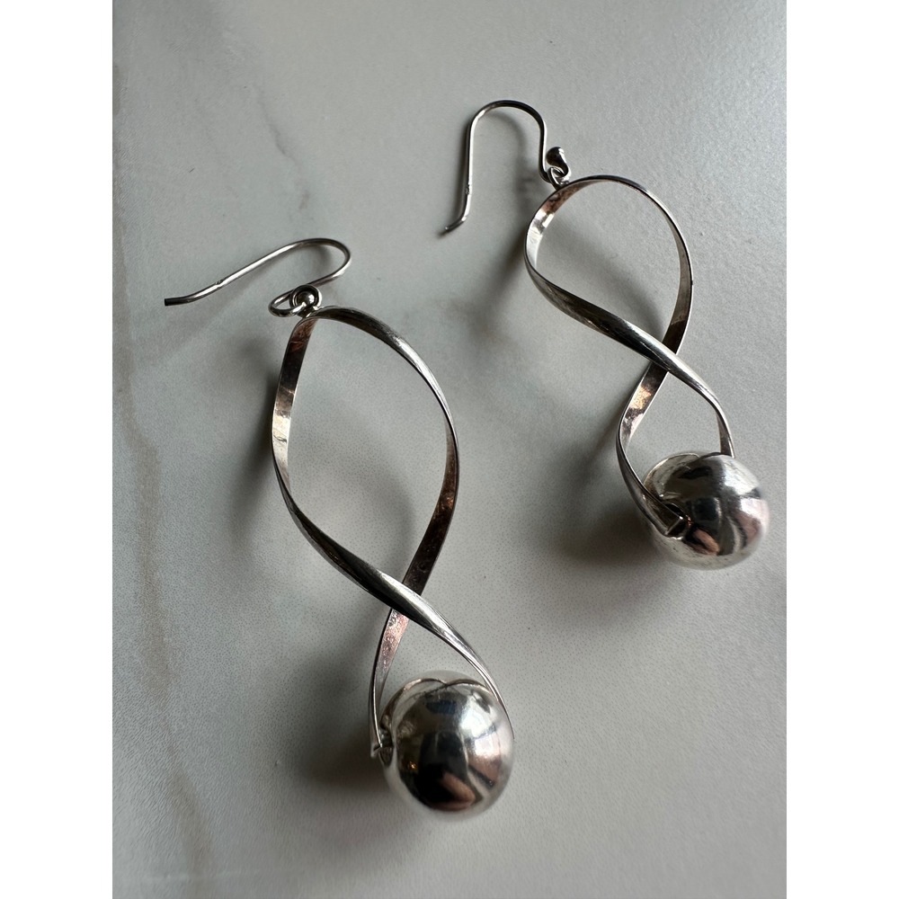 Sterling Silver 925 Twisted Ribbon Orb Drop Earrings Infinity Geometric Dangle